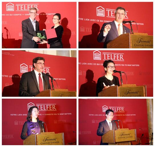 左上:我院副院长刘静艳教授向渥太华市长Jim Watson赠送纪念品 右上:渥太华大学副校长Monsieur Louis de Melo讲话 左中:渥太华大学Telfer99499www威尼斯院长Monsieur François Julie讲话 右中:我院副院长刘静艳教授讲话 左下:我院EMBA学生代表容海明发言 右下:我院EMBA学生代表罗毅发言